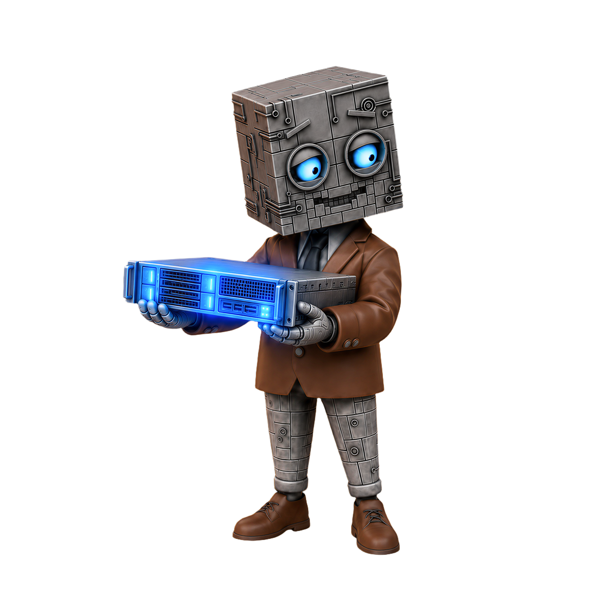 A robot in a suit holding a GPU server